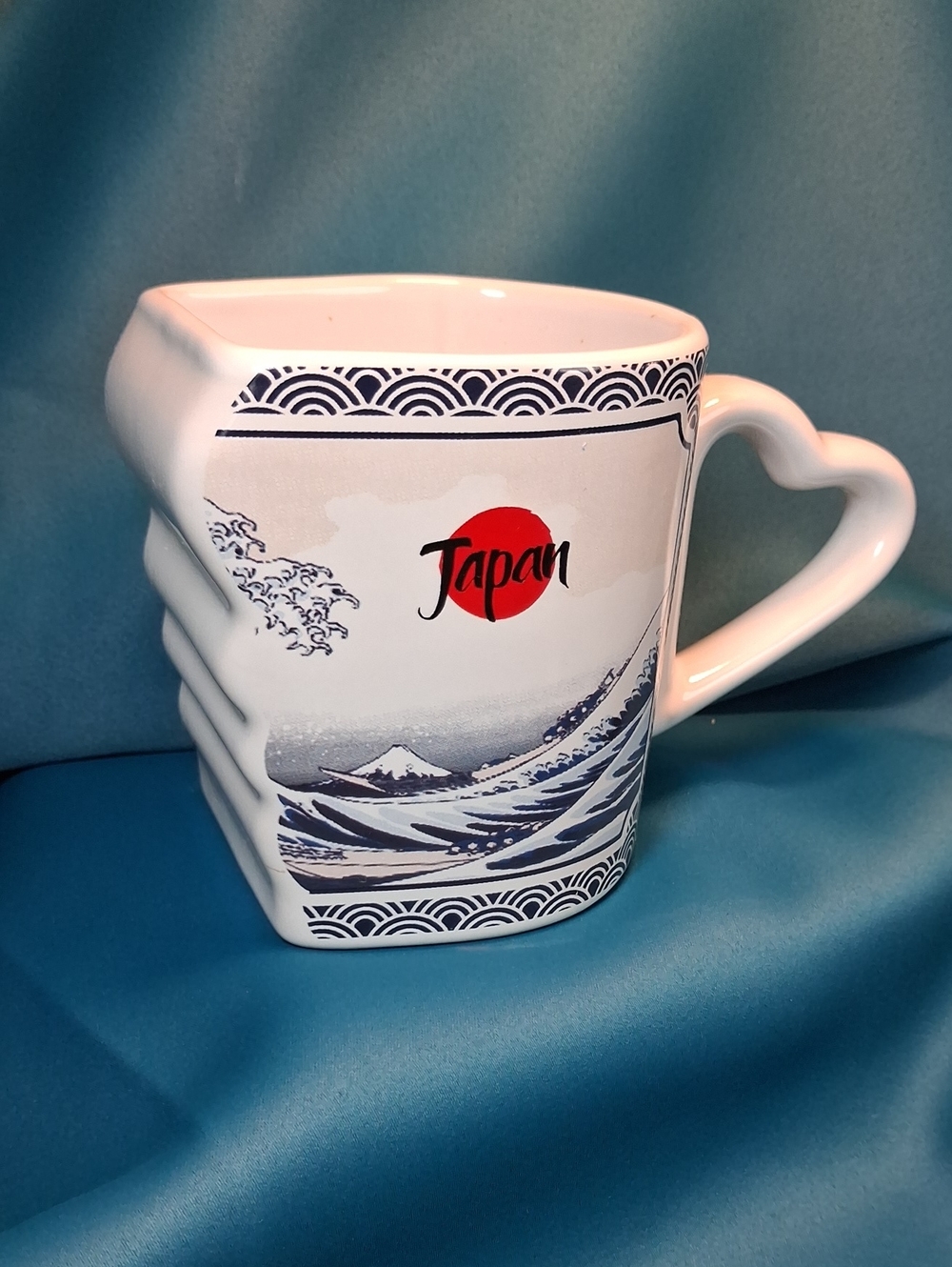Japanese Wave Ceramic Coffee Mug - White with Red Accent